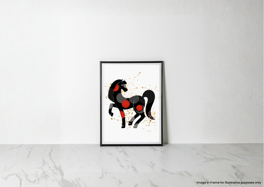 A framed art print featuring a stylized black and red horse illustration on a white background, leaning against a white wall on a light marble surface.