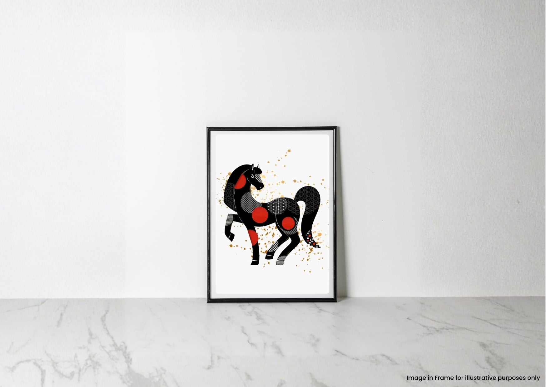 A framed art print featuring a stylized black and red horse illustration on a white background, leaning against a white wall on a light marble surface.