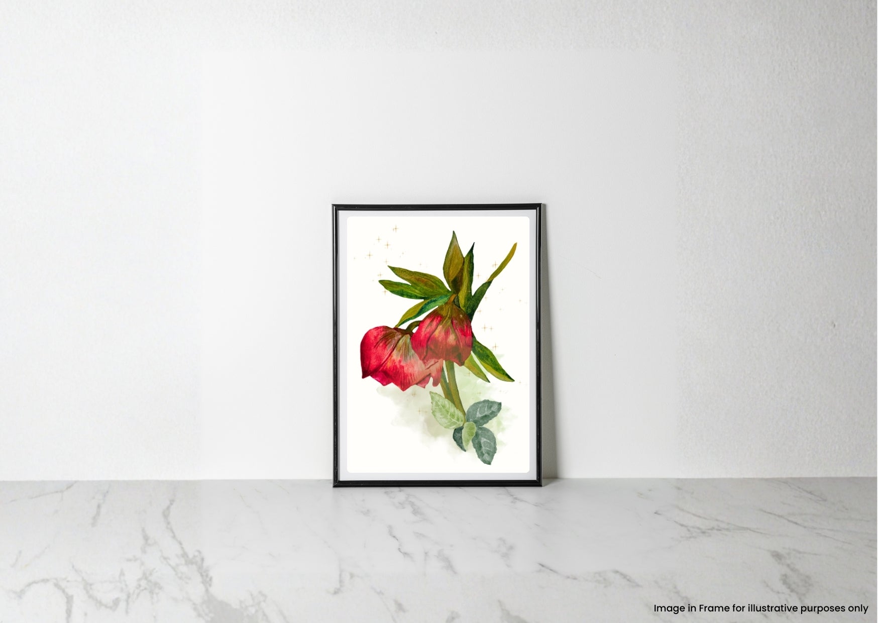 A framed botanical art print of a red hollyhock flower with green leaves, leaning against a white wall on a light gray marble surface.