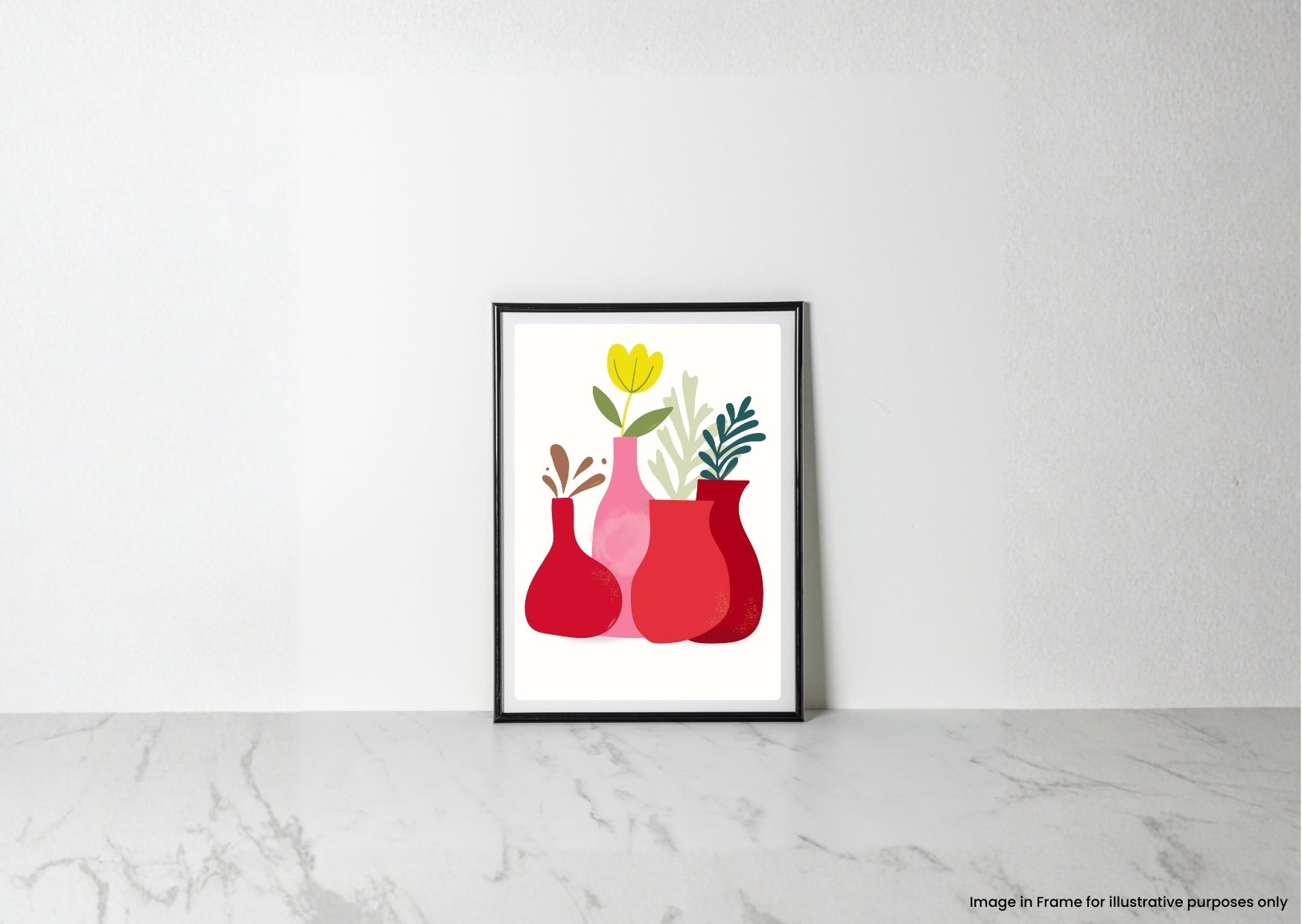 A framed minimalist art print featuring three stylized red and pink vases with yellow and green floral elements, leaning against a white wall on a light marble surface.