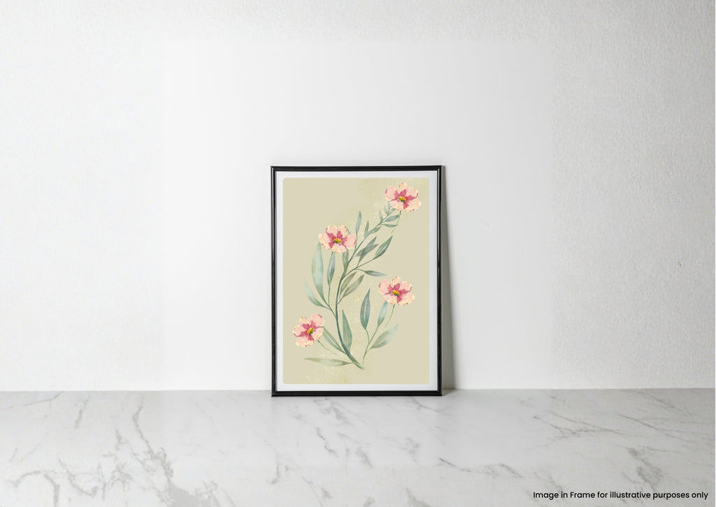 A framed botanical art print featuring pink flowers and green leaves on a cream background, leaning against a white wall on a light marble surface.