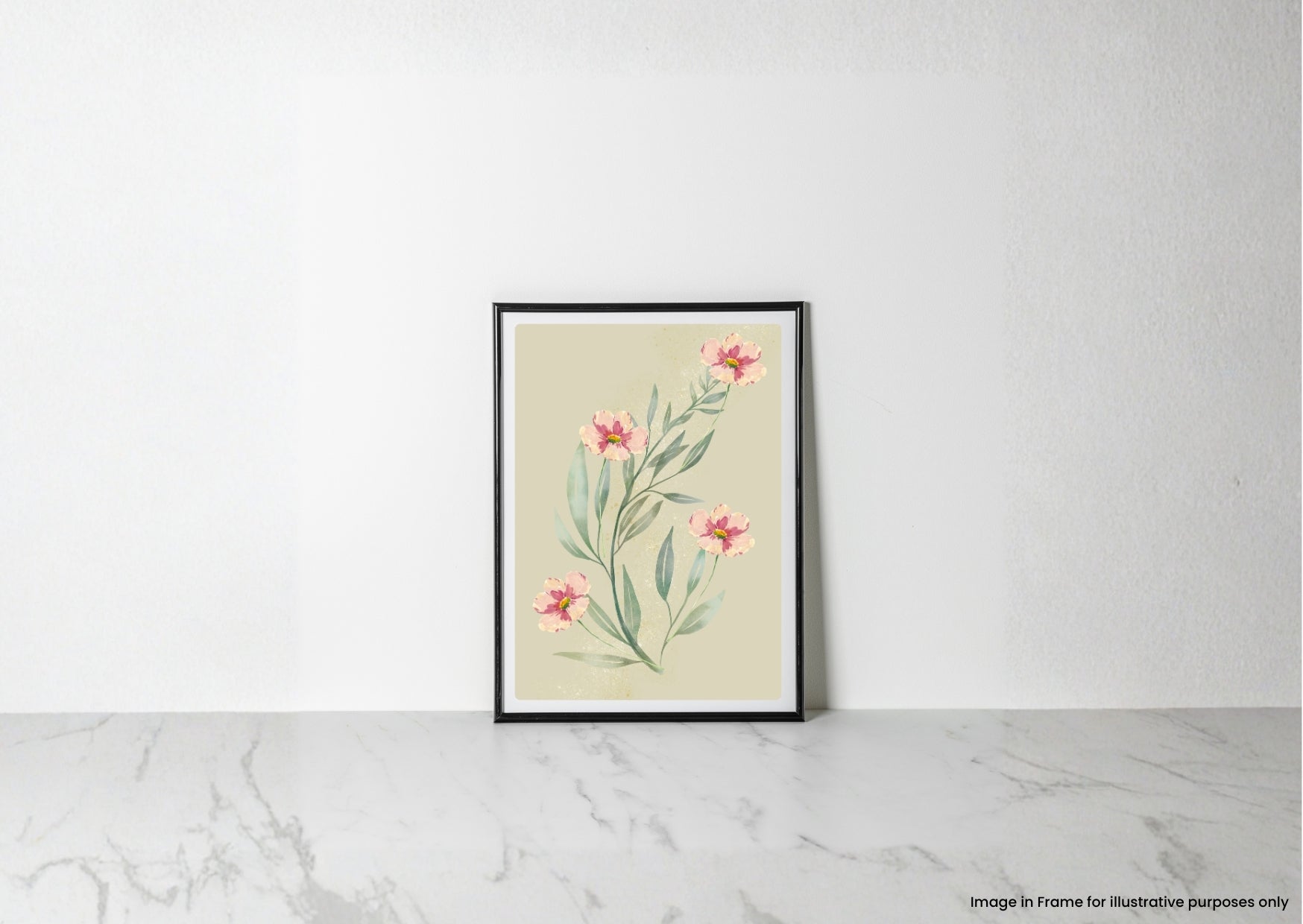 A framed botanical art print featuring pink flowers and green leaves on a cream background, leaning against a white wall on a light marble surface.