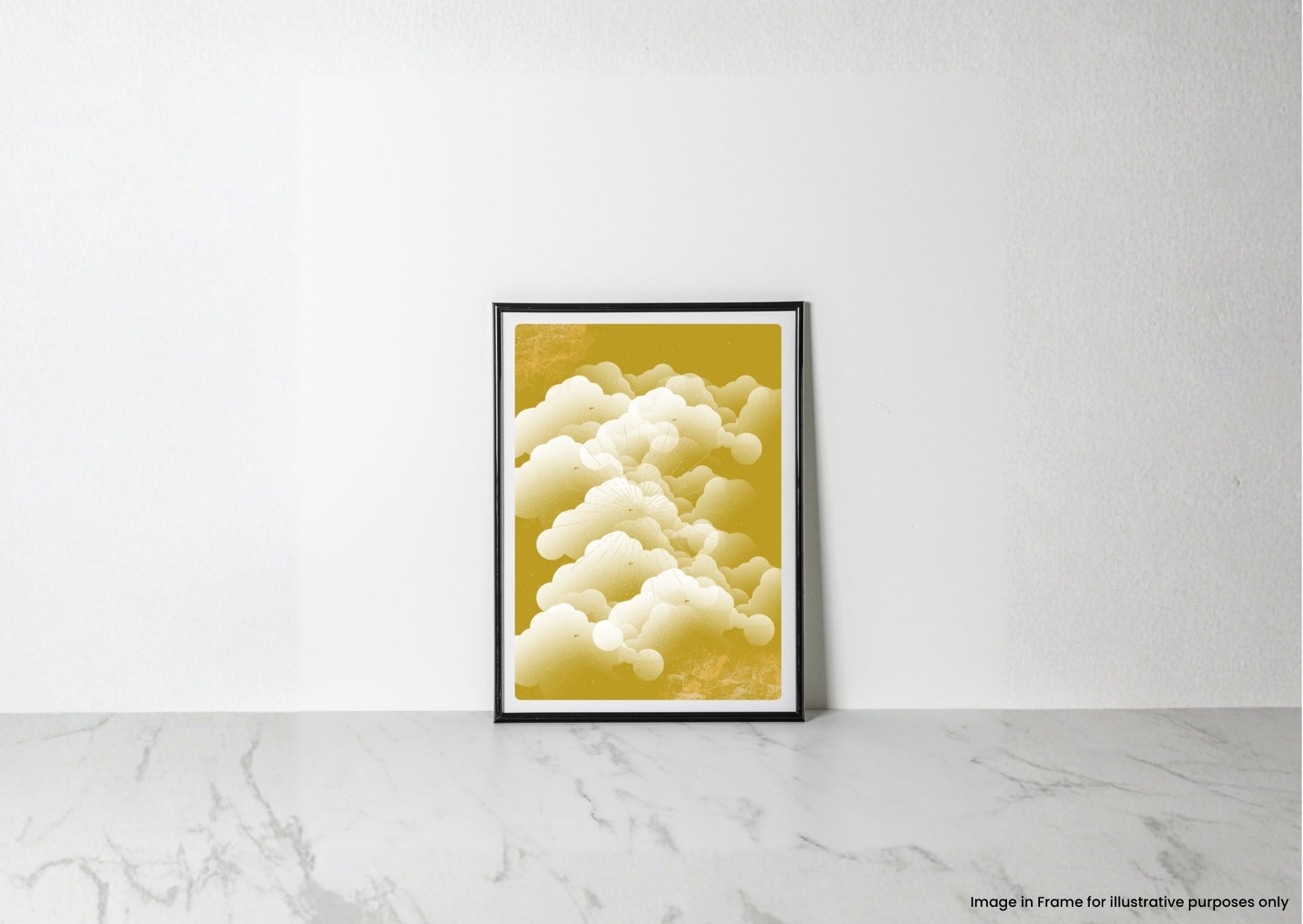 A framed art print featuring a yellow and white cloud design, leaning against a white wall on a light marble surface.