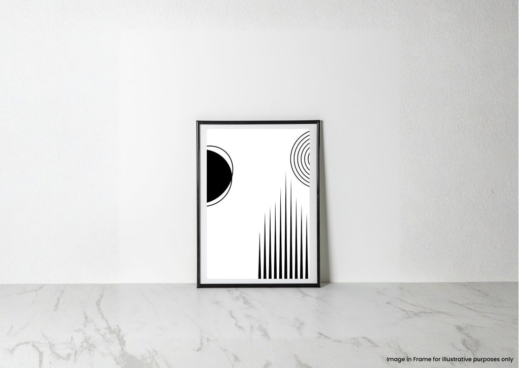 A minimalist black and white abstract art print in a thin black frame, leaning against a white wall on a light gray marble surface.