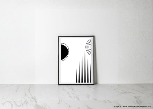 A minimalist black and white abstract art print in a thin black frame, leaning against a white wall on a light gray marble surface.
