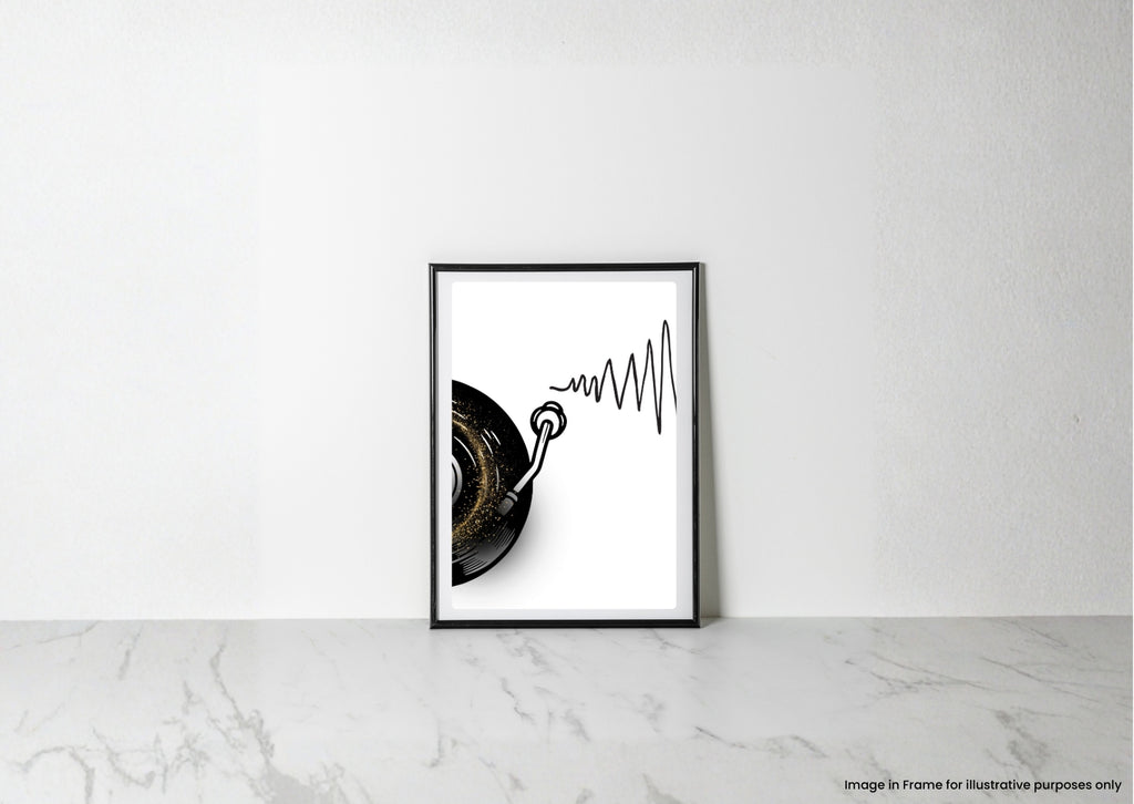 A framed minimalist art print leaning against a white wall on a light marble surface. The print features a black vinyl record and a black sound wave on a white background, enclosed in a thin black frame.