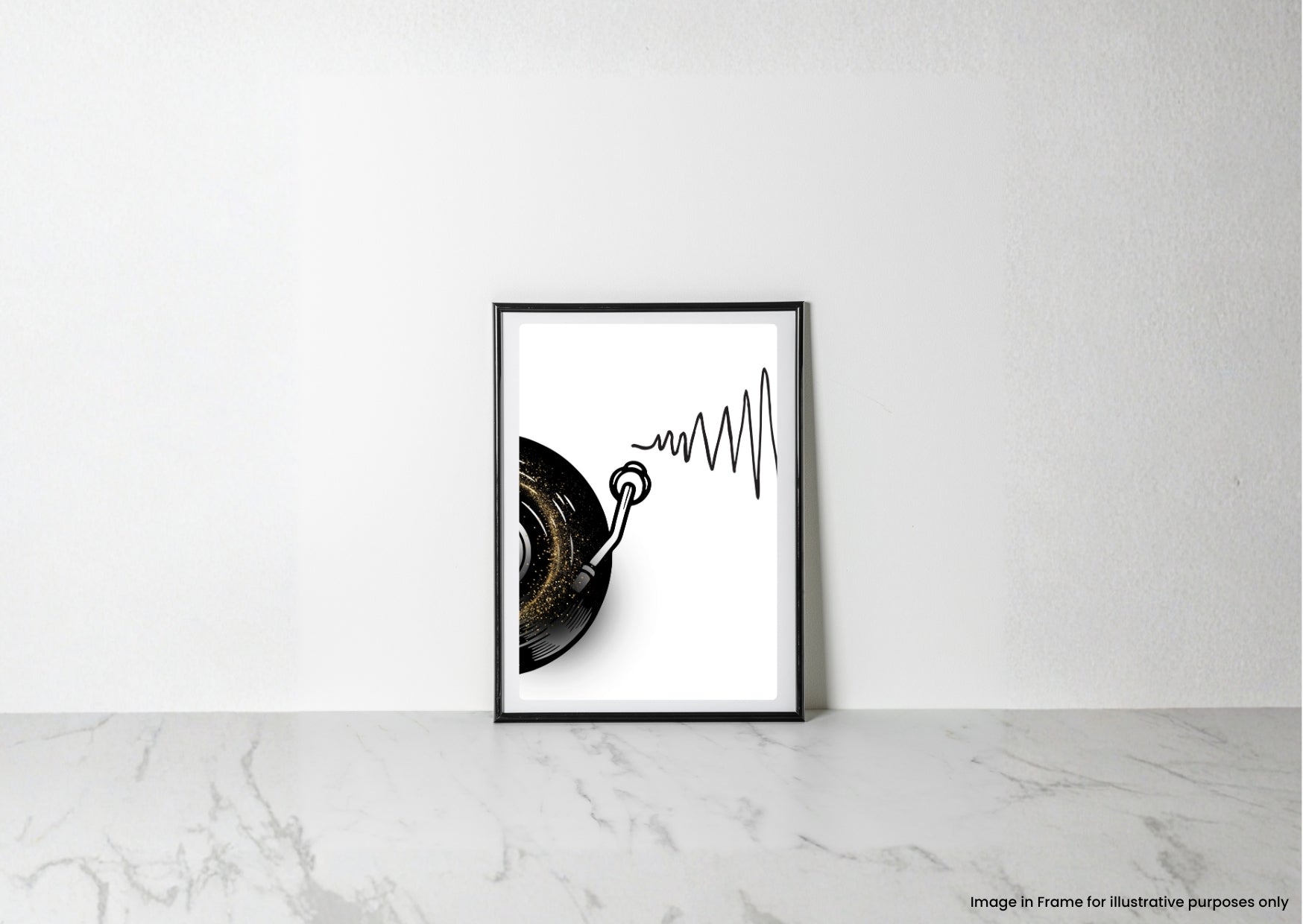 A framed minimalist art print leaning against a white wall on a light marble surface. The print features a black vinyl record and a black sound wave on a white background, enclosed in a thin black frame.