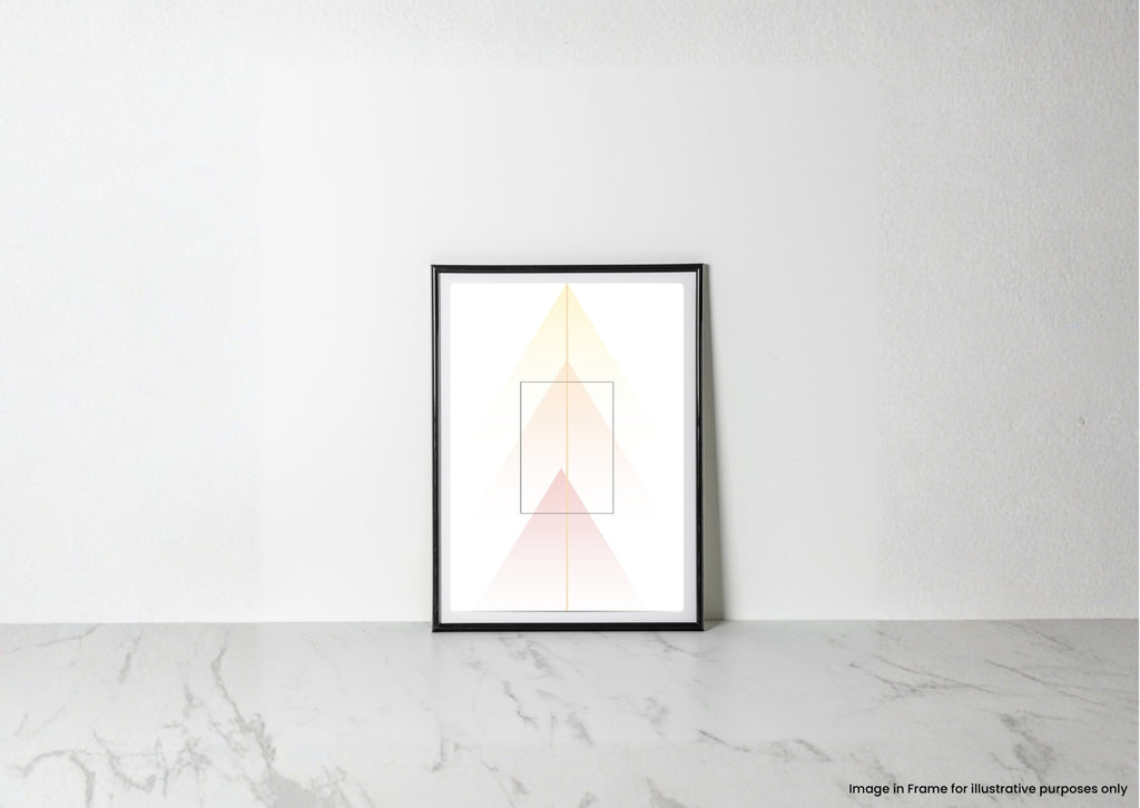 A minimalist framed art print with geometric pastel shapes in yellow, orange, and pink, displayed on a light marble surface against a white wall.