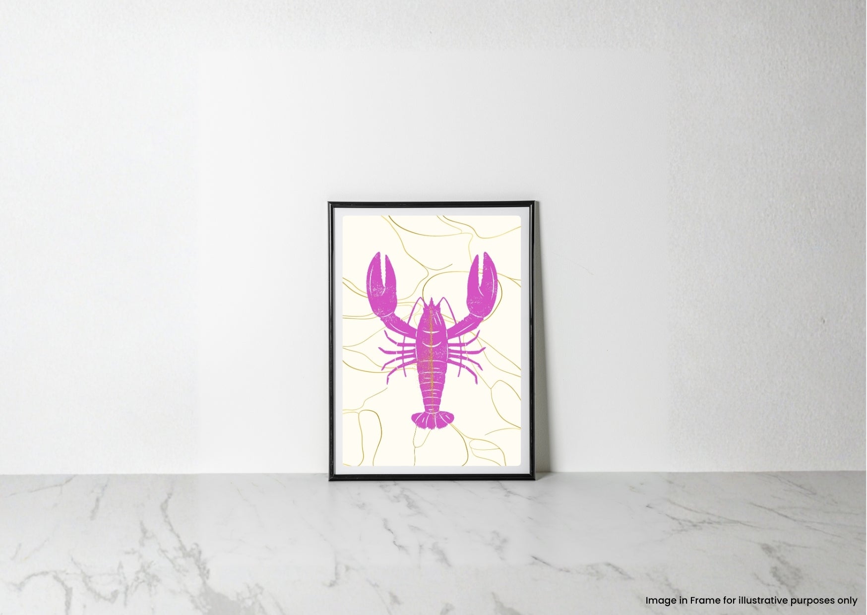 A framed lobster art print with a bright pink lobster silhouette on a cream background with thin yellow lines, leaning against a white wall on a light marble surface.