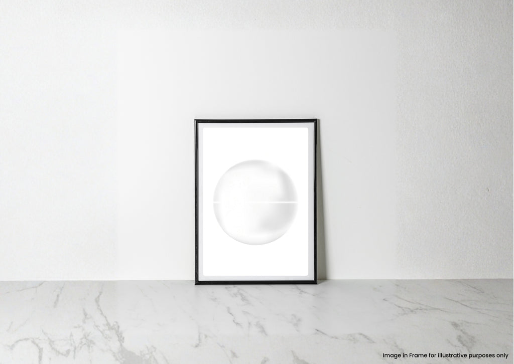 A minimalist black-framed art print featuring a white circular design, leaning against a white textured wall on a light gray marble surface.