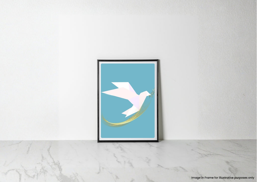 A framed minimalist art print featuring a white dove flying on a light blue background with a gold swoosh, leaning against a white wall on a light marble surface.
