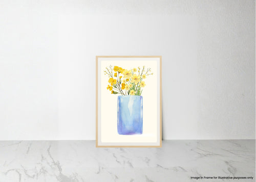 A framed watercolor art print of yellow flowers in a blue vase, displayed on a light gray marble surface against a white wall.