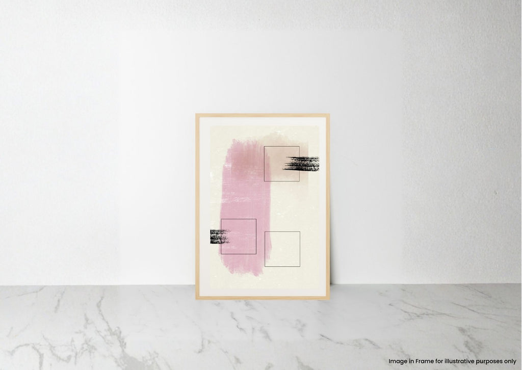 A framed abstract art print with a pink watercolor brushstroke, black textured accents, and minimalist geometric lines, leaning against a white wall on a light marble surface.