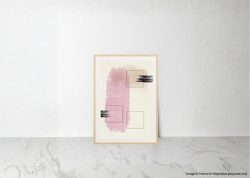 A framed abstract art print with a pink watercolor brushstroke, black textured accents, and minimalist geometric lines, leaning against a white wall on a light marble surface.