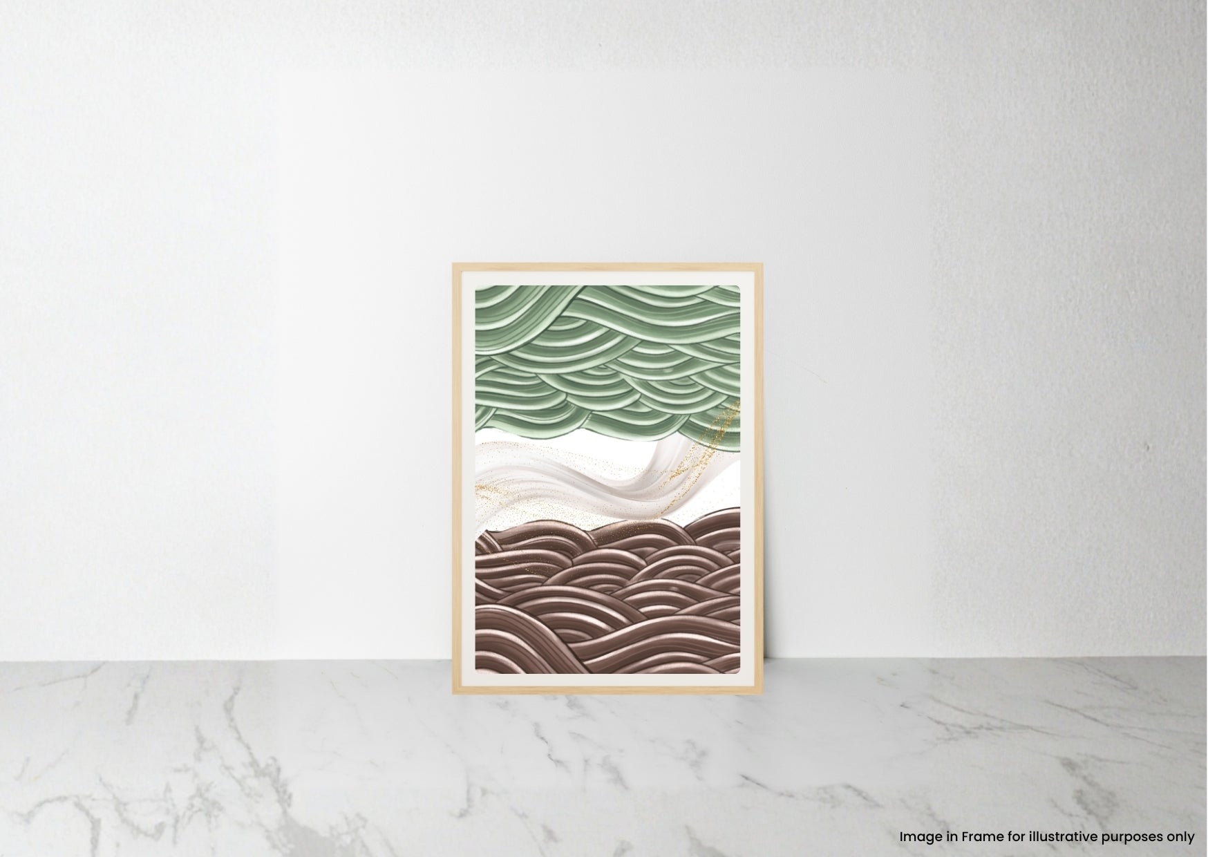 A framed art print featuring a stylized landscape with layered green hills and brown hills, leaning against a white wall on a light gray marble surface.