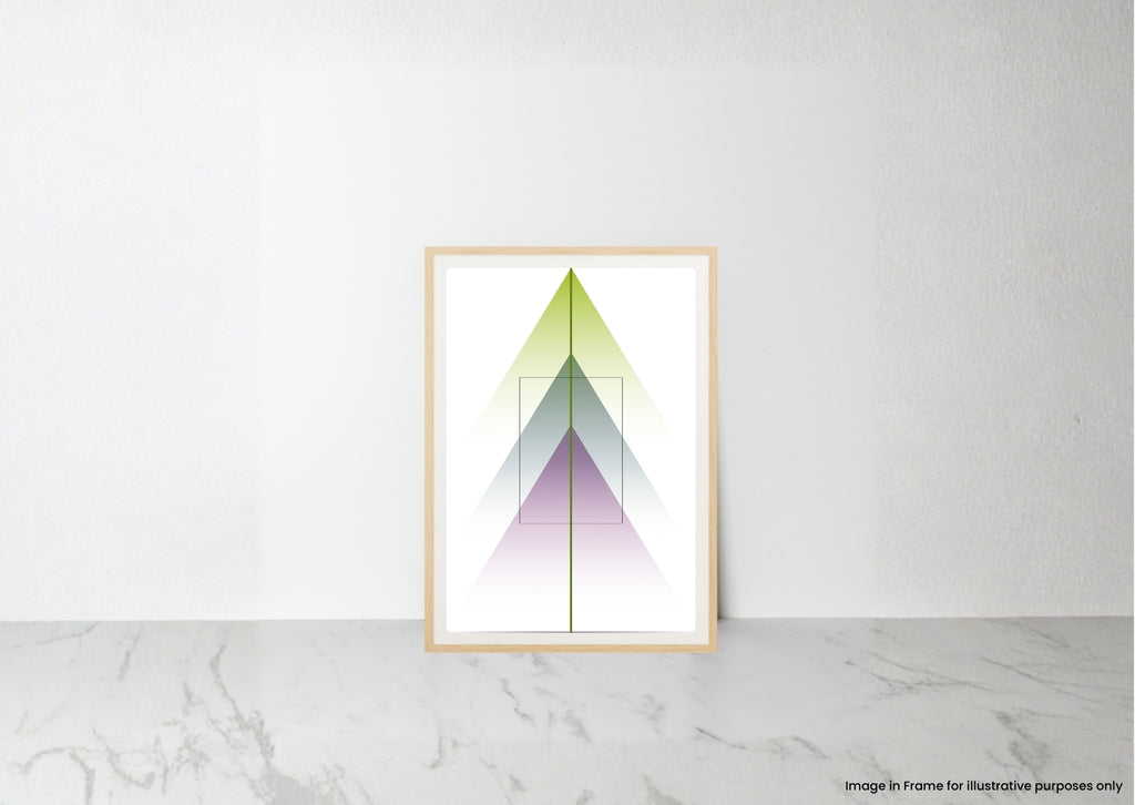 A framed minimalist art print featuring overlapping geometric triangles in green, blue, and purple on a white background, leaning against a white wall on a light marble surface.