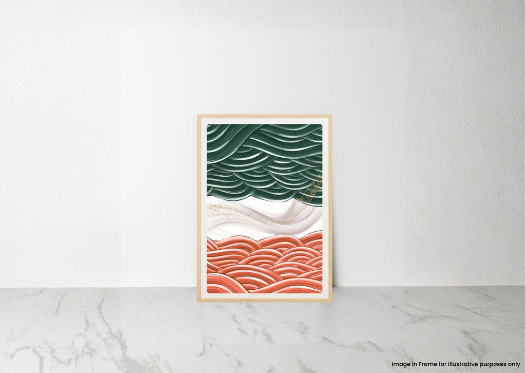 A framed art print featuring stylized green and orange waves with a white middle section, leaning against a white wall on a light marble surface.