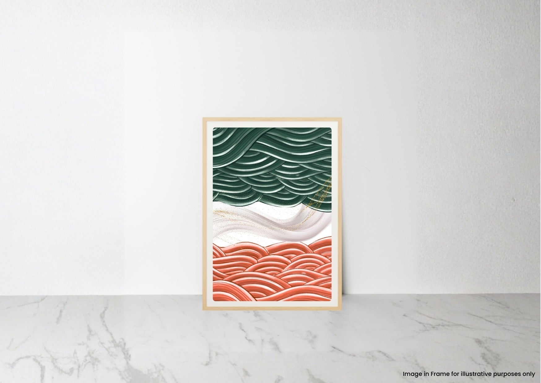 A framed art print featuring stylized green and orange waves with a white middle section, leaning against a white wall on a light marble surface.