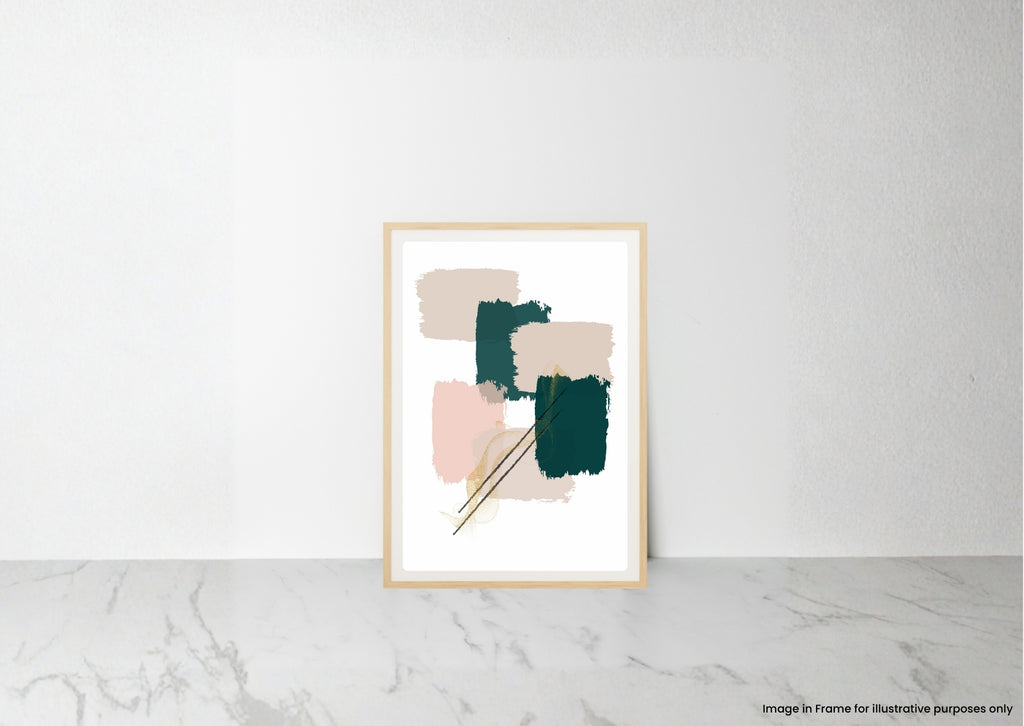 A framed abstract art print with geometric brushstrokes in dark green, blush pink, and beige on a white background, leaning against a white wall on a light marble surface.
