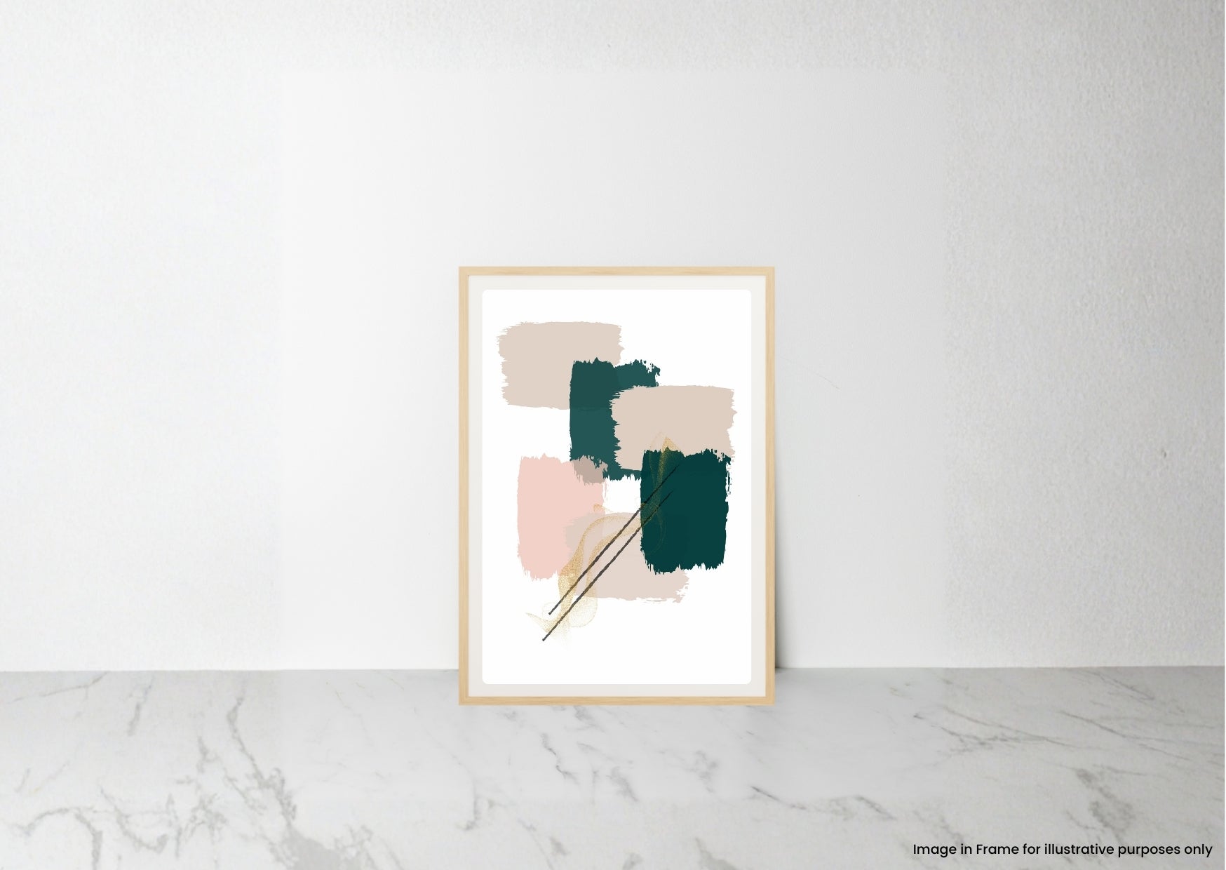 A framed abstract art print with geometric brushstrokes in dark green, blush pink, and beige on a white background, leaning against a white wall on a light marble surface.