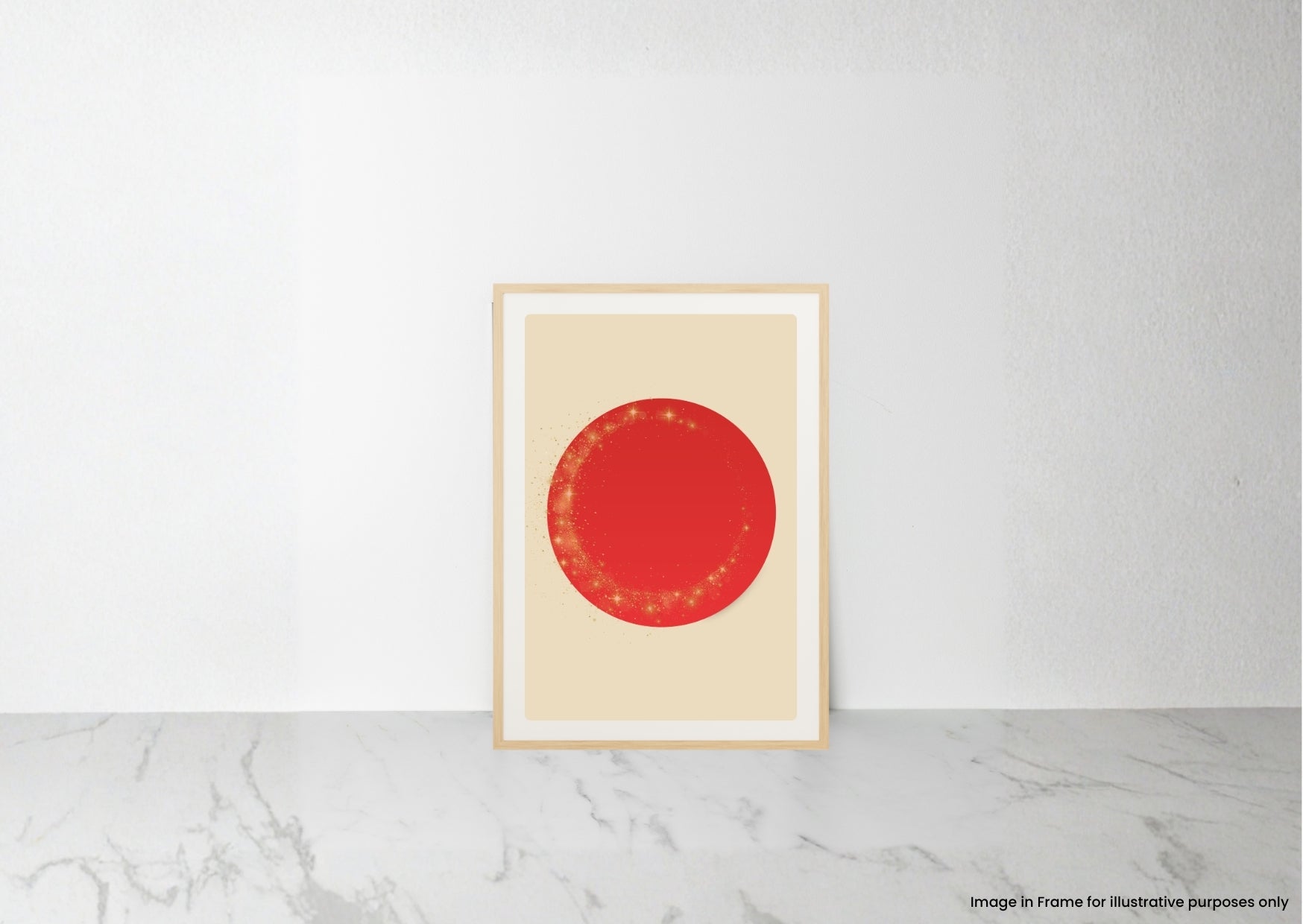 A minimalist framed art print featuring a textured red circle on a cream background, leaning against a white wall on a light gray marble surface.