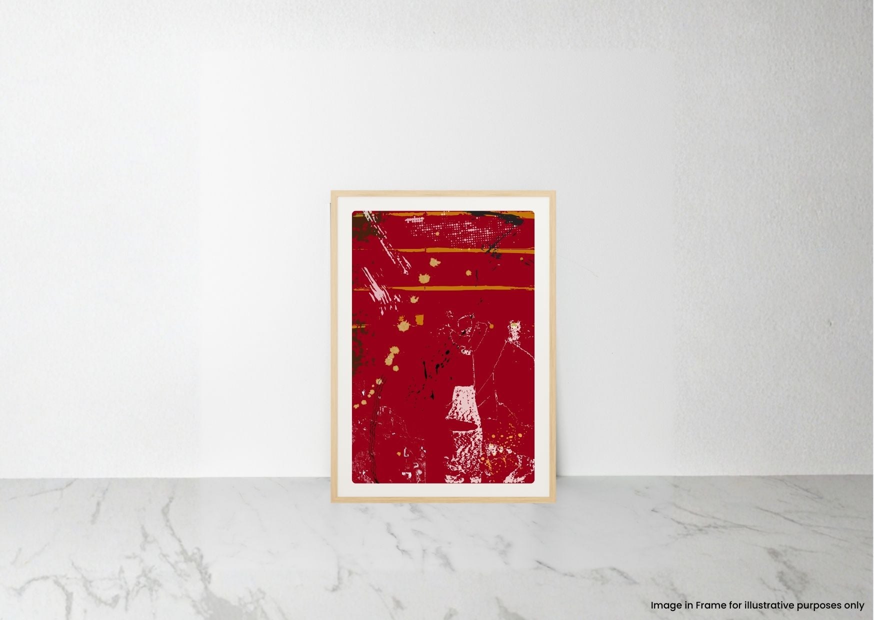 A framed abstract art print featuring a bold red background with white and gold brushstrokes, displayed on a light marble surface against a white wall.