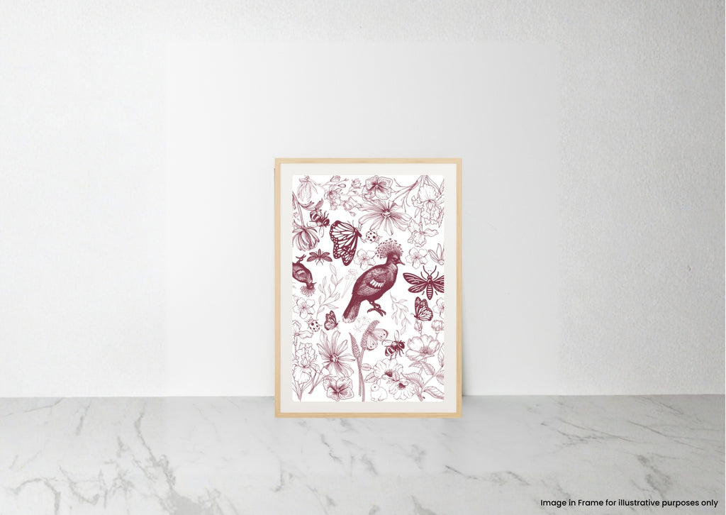 A framed botanical art print featuring a bird and butterflies in dusty rose and burgundy tones on a white background, displayed on a light marble surface against a white wall.