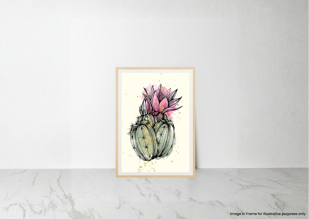 A framed botanical art print of a pink and green succulent cactus, displayed on a light gray marble surface against a white wall.