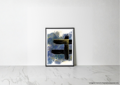 A framed abstract art print with blue, white, and black brushstrokes, leaning against a white wall on a light marble surface.