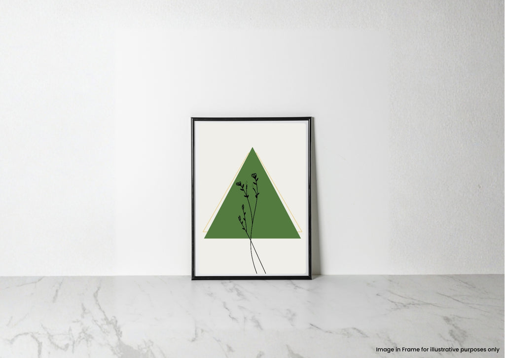 Minimalist botanical wall art featuring delicate black wildflowers over a rich green triangle with a fine gold geometric outline on a warm neutral background.