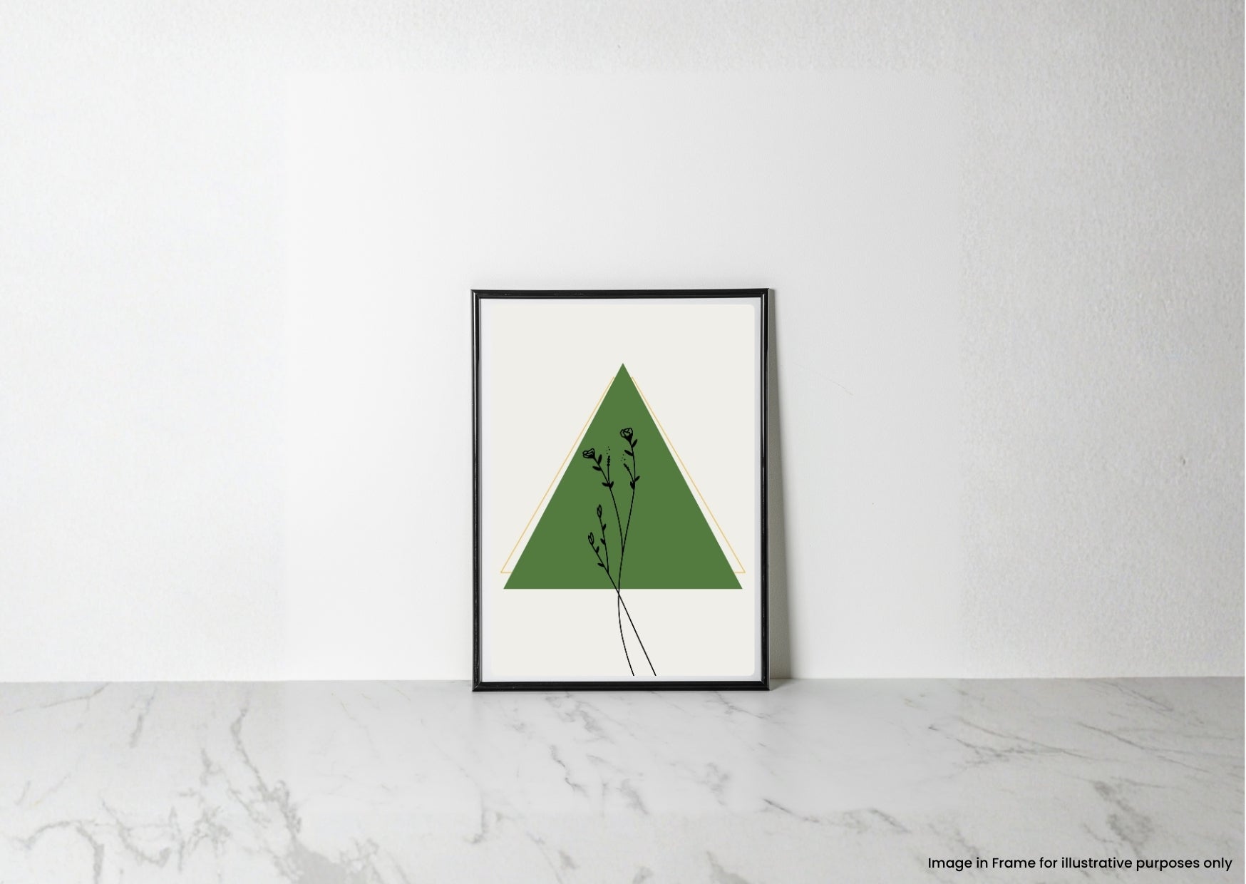 Minimalist botanical wall art featuring delicate black wildflowers over a rich green triangle with a fine gold geometric outline on a warm neutral background.