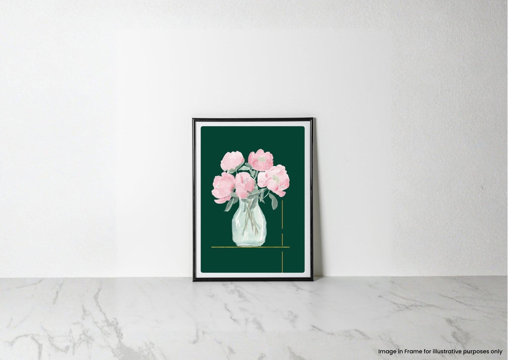 A framed art print featuring a watercolor illustration of pink peonies in a clear glass vase against a dark green background, leaning against a white wall on a light marble surface.