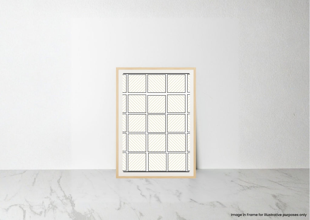 A framed minimalist art print with a black and white geometric grid design, displayed on a light marble surface against a textured white wall.