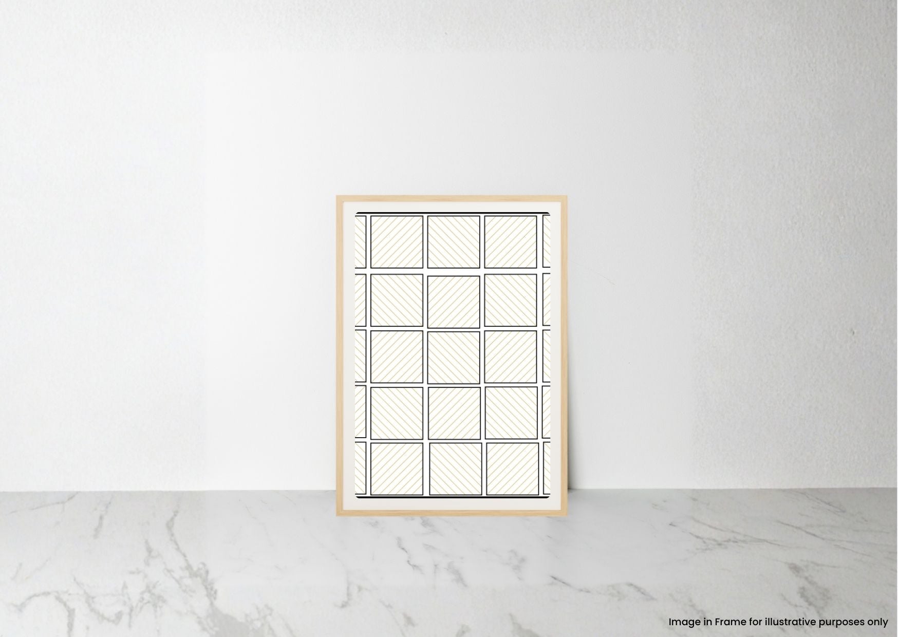 A framed minimalist art print with a black and white geometric grid design, displayed on a light marble surface against a textured white wall.