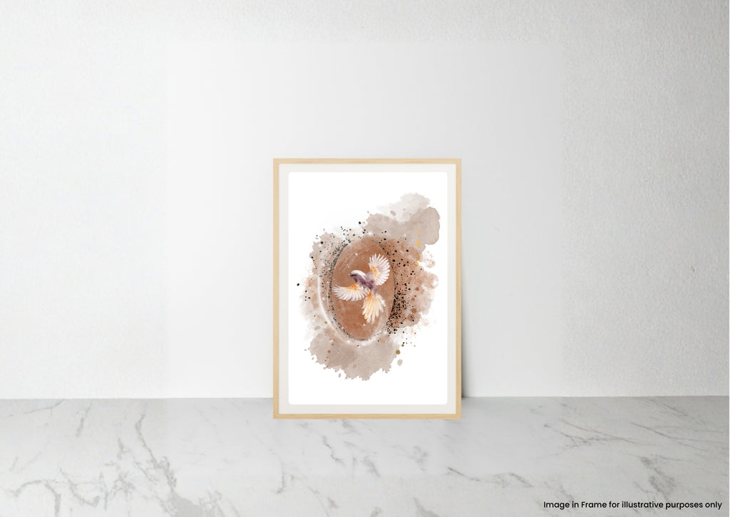 A framed watercolor art print featuring a stylized bird in a circular brown and beige design on a white background, leaning against a white wall on a light marble surface.