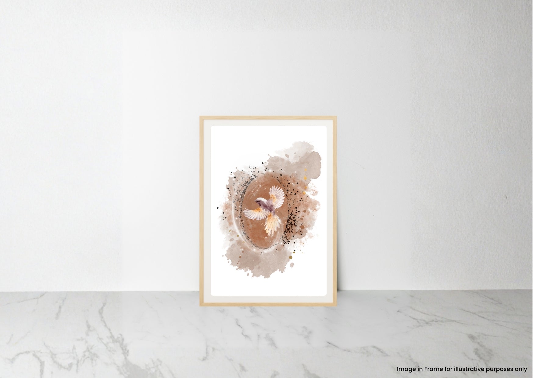 A framed watercolor art print featuring a stylized bird in a circular brown and beige design on a white background, leaning against a white wall on a light marble surface.