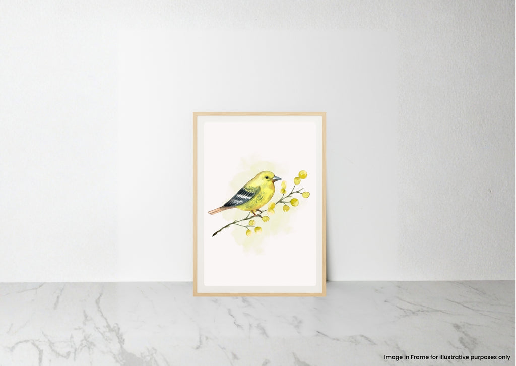 A framed watercolor art print of a yellow bird perched on a branch with small yellow flowers, leaning against a white wall on a light marble surface.