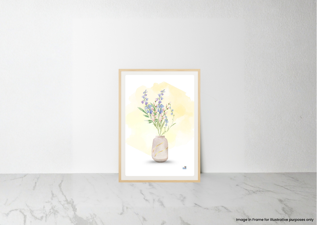 A framed watercolor art print of lavender flowers in a vase, displayed on a light marble surface against a white wall.