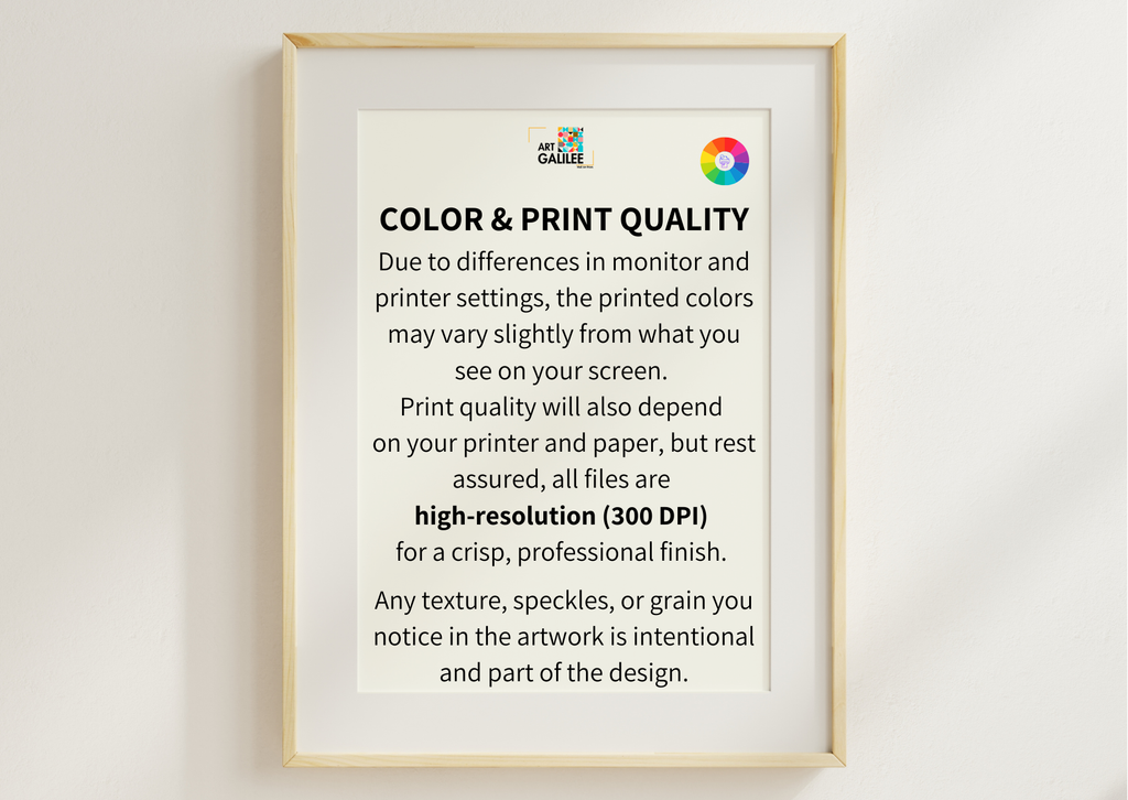 A framed informational print on a white wall, titled 'COLOR & PRINT QUALITY' with black text on a white background and a light wood frame.