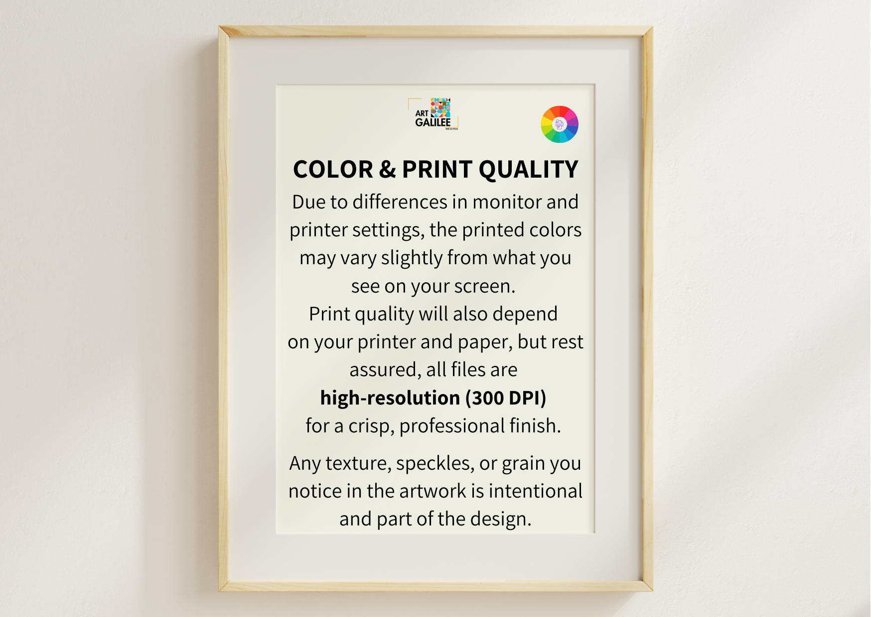 A framed informational print on a white wall, titled 'COLOR & PRINT QUALITY' with black text on a white background and a light wood frame.