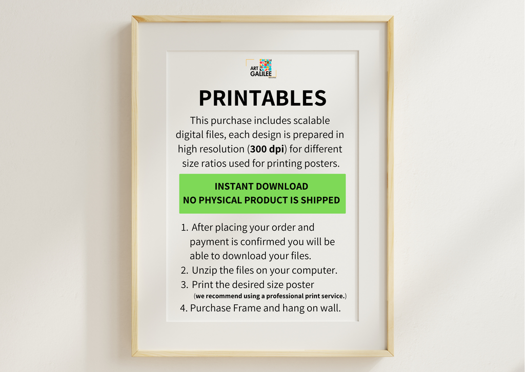A framed informational print on a white wall. The print reads 'PRINTABLES' and explains that the purchase includes scalable digital files for printing posters, with an instant download and no physical product shipped.