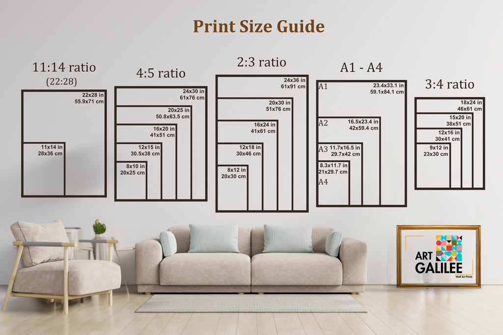 A print size guide poster displayed in a living room mockup. The poster features black-framed layout boxes with text labels for 11:14 ratio, 4:5 ratio, 2:3 ratio, A1 - A4, and 3:4 ratio, along with dimensions in inches and centimeters.