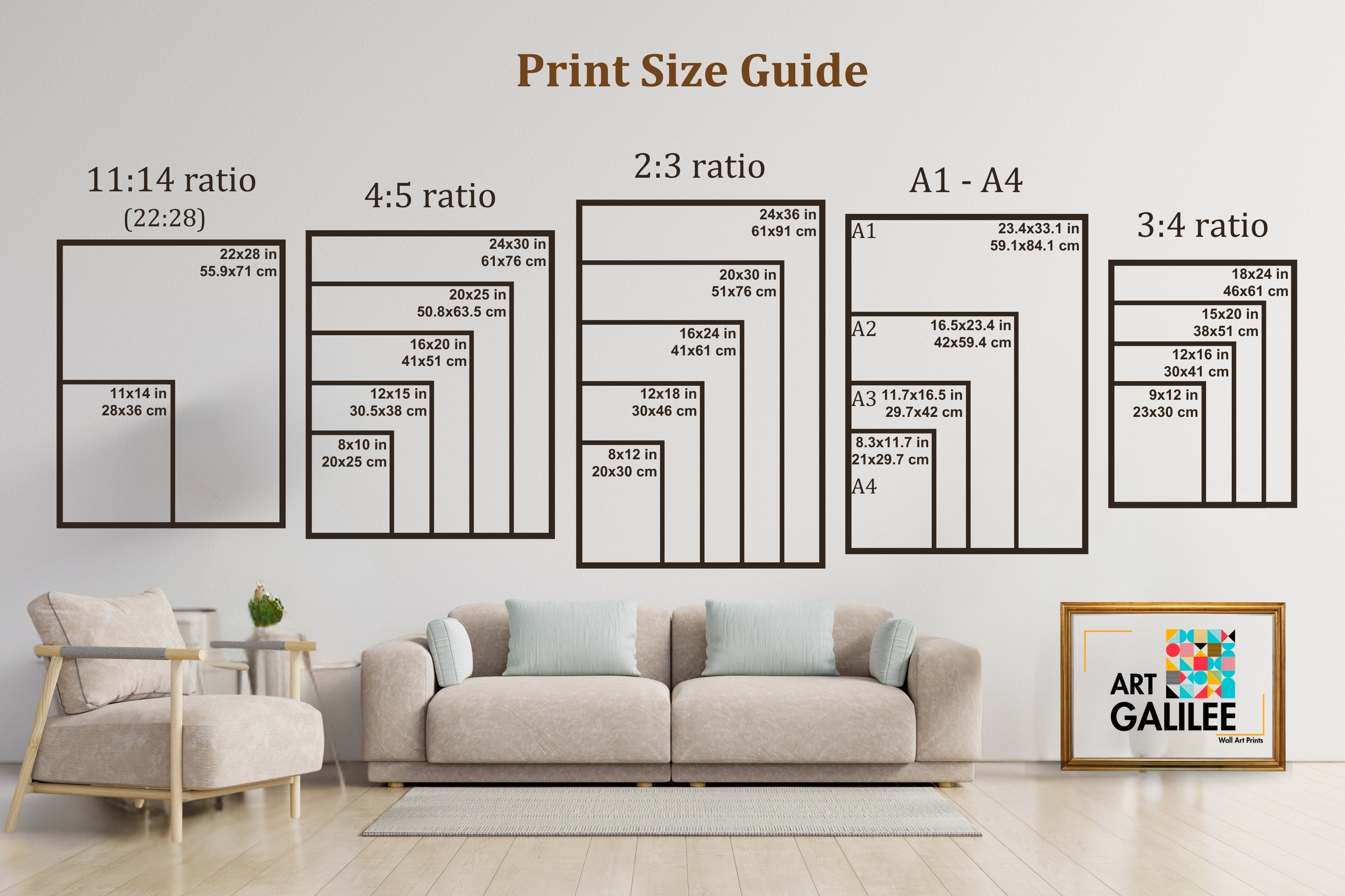 A print size guide poster displayed in a living room mockup. The poster features black-framed layout boxes with text labels for 11:14 ratio, 4:5 ratio, 2:3 ratio, A1 - A4, and 3:4 ratio, along with dimensions in inches and centimeters.