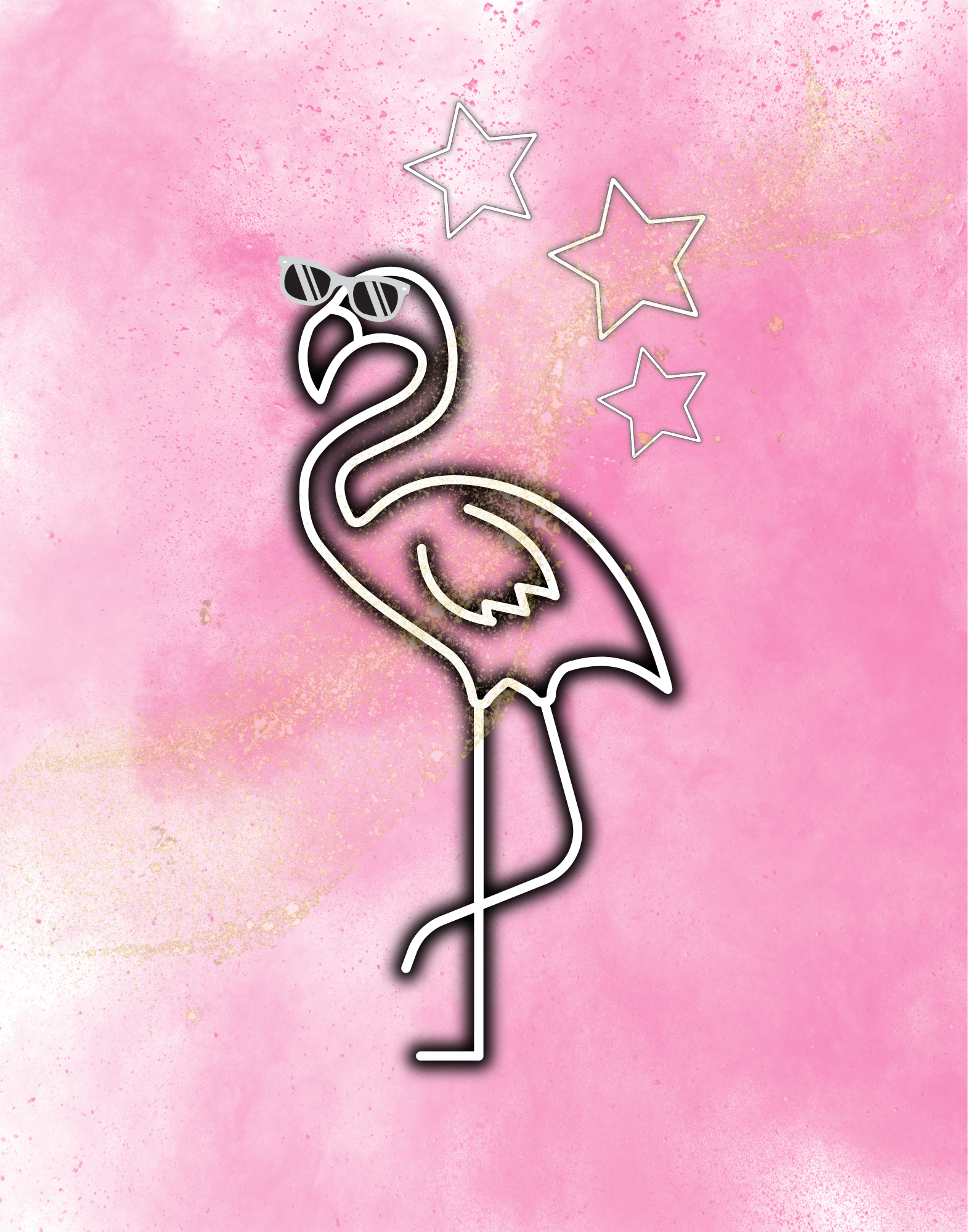 A minimalist flamingo line art illustration wearing sunglasses, centered on a pink watercolor background with three outlined stars above.