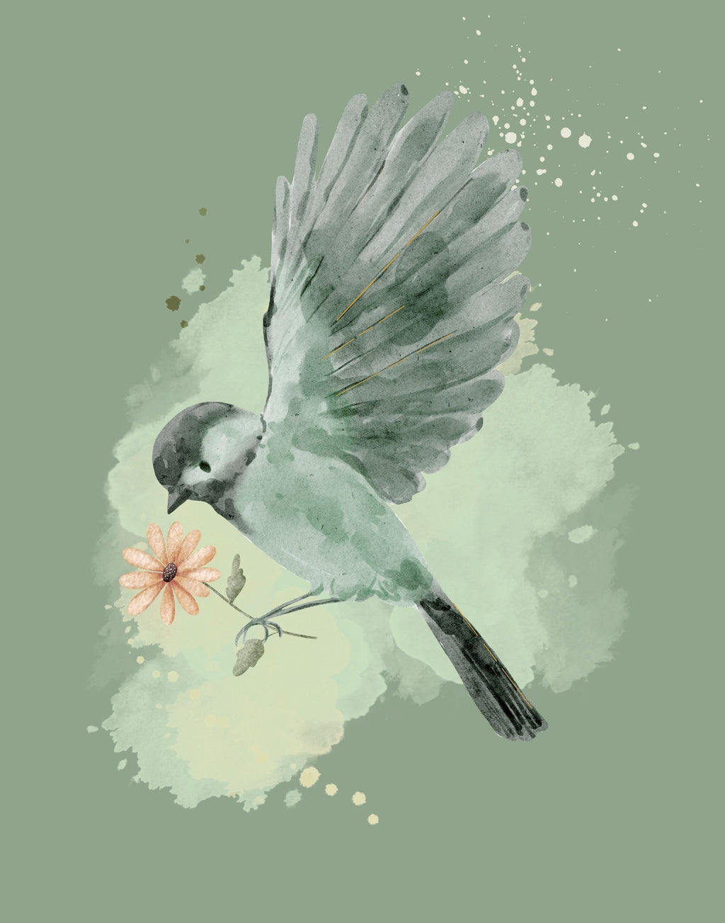 Watercolor-style illustration of a small bird in flight with wings spread, holding a pale pink flower, set against a muted sage green background with soft paint splashes.