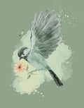 Watercolor-style illustration of a small bird in flight with wings spread, holding a pale pink flower, set against a muted sage green background with soft paint splashes.