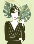 Art deco style illustration of a woman in a dark green dress and flapper hat, holding a cigarette holder, with large green monstera leaves and gold glitter accents on a pale yellow background.