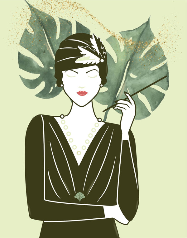 Art deco style illustration of a woman in a dark green dress and flapper hat, holding a cigarette holder, with large green monstera leaves and gold glitter accents on a pale yellow background.