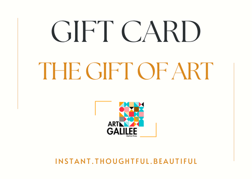 Gift card design reading 'GIFT CARD' and 'THE GIFT OF ART' with the Art Galilee logo and the text 'INSTANT.THOUGHTFUL.