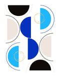 Abstract geometric wall art print featuring overlapping semi-circles and arcs in black, bright blue, navy, beige, and a gold glitter-textured circle on a white background.